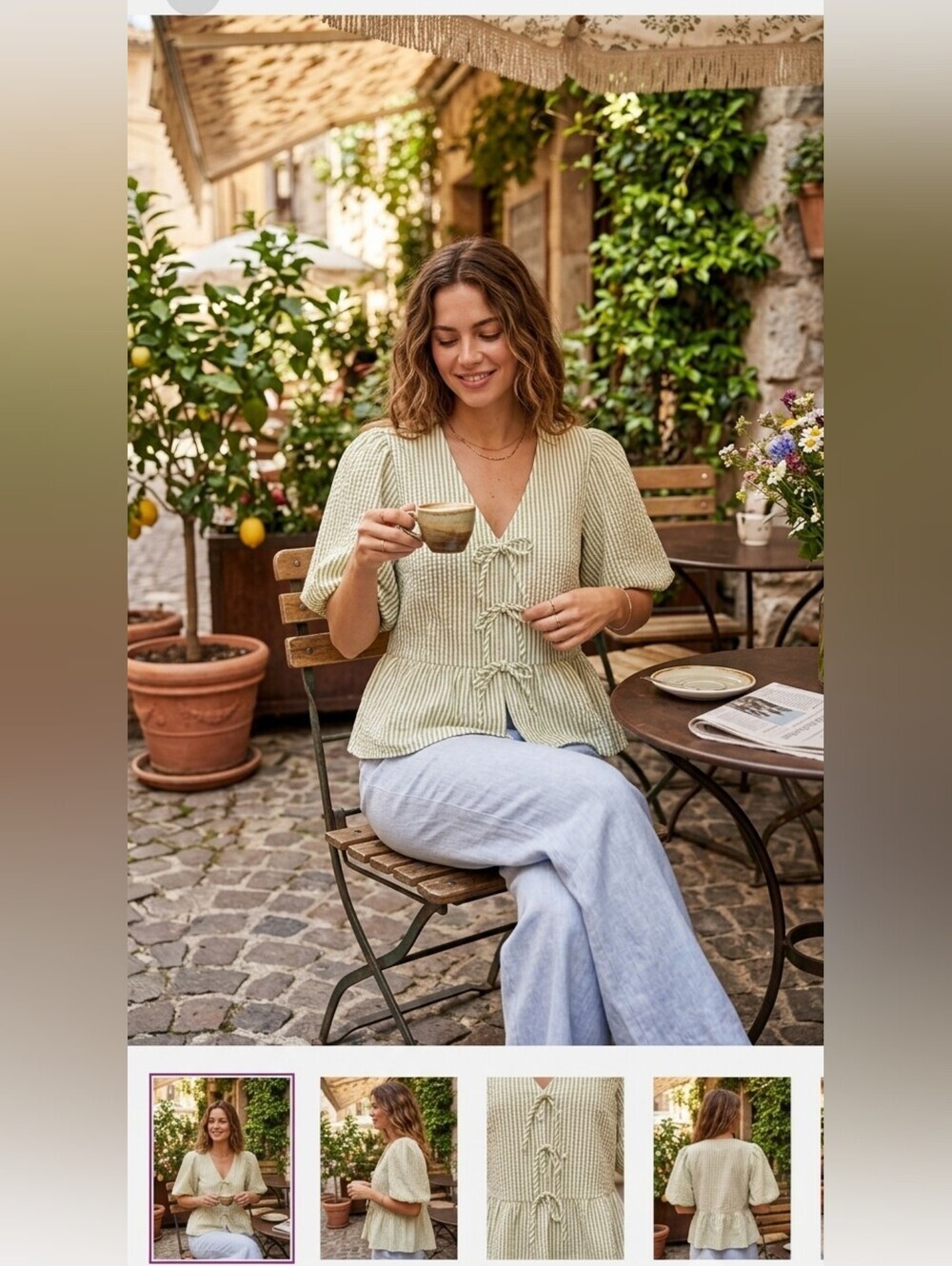 Chenault Sage and Cream Striped Puff Sleeve Peplum Top